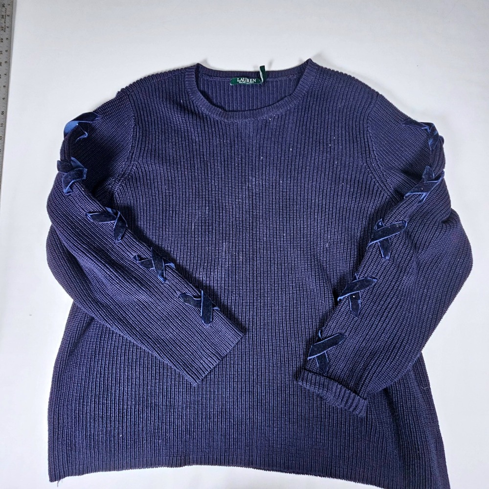 Lauren Ralph Lauren Navy Blue Cotton Shaker Stitch Velvet Lace Up Sweater 3X